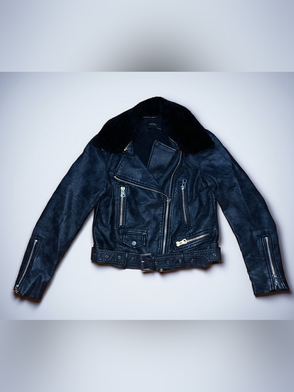 Zara Black Faux Leather Moto Jacket with Sherpa Collar